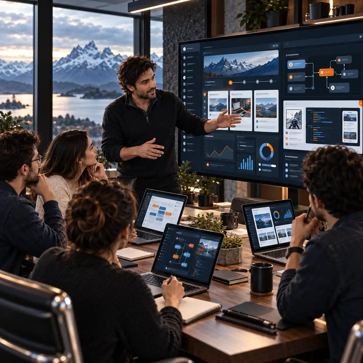 Sesión de capacitación con un equipo frente a sus portátiles