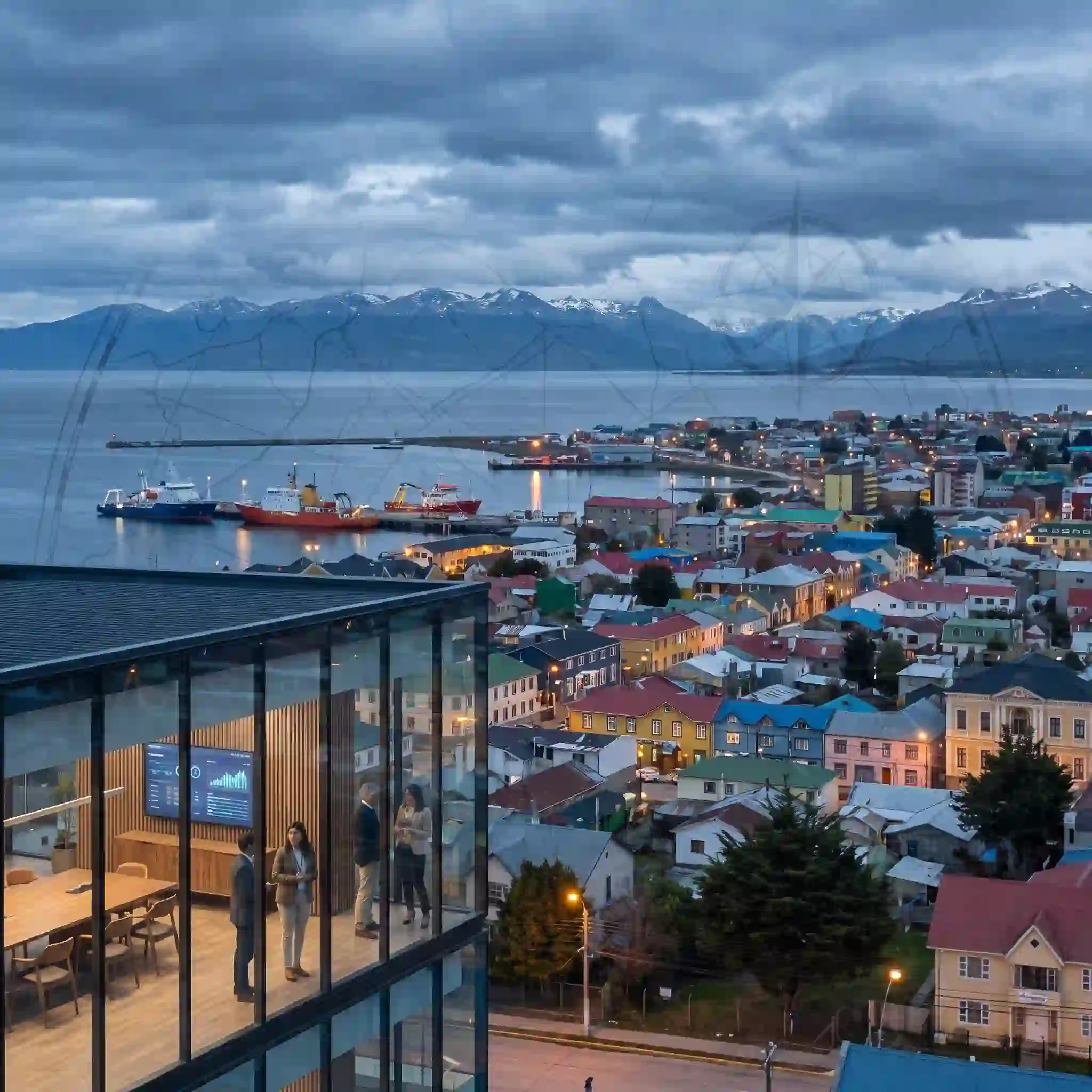 Vista aérea de Punta Arenas al atardecer